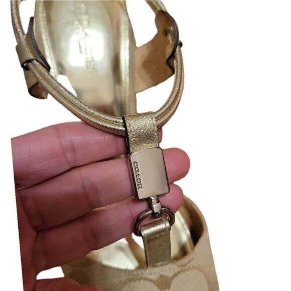 COACH LEAH Wedge Platform Open Toe Gold Tan Monogram High Heel Sandal 8.5 - Picture 5 of 11